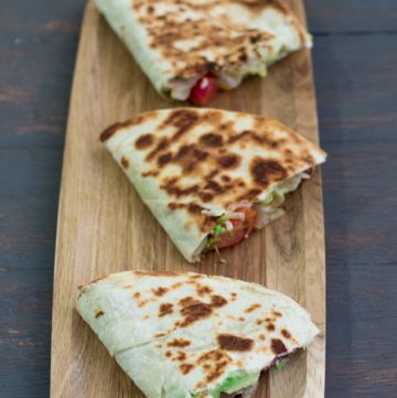 Caramelized onions, mushroom and avocado quesadillas