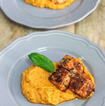 Salmon with Lemon Herb Butter and Garlic Mashed Sweet Potatoes