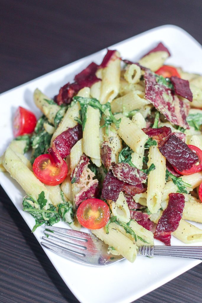 BLT Pasta with Avocado Dressing