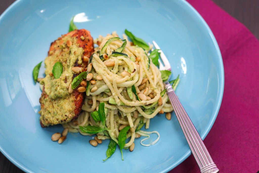 Delicious Pesto Spaghetti with Seared Salmon
