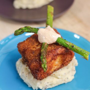 Crispy Cod with Mashed Potatoes and Creamy Chipotle Sauce