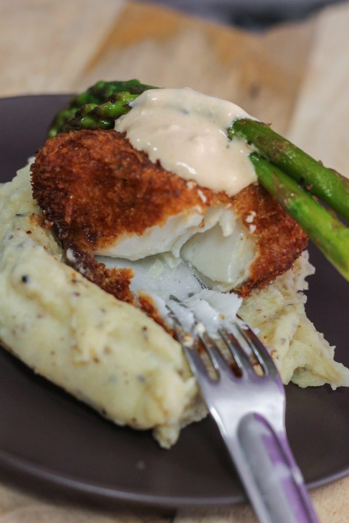 Crispy Cod with Mashed Potatoes and Creamy Chipotle Sauce