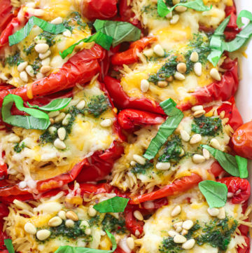 Cheesy Orzo Stuffed Red Peppers